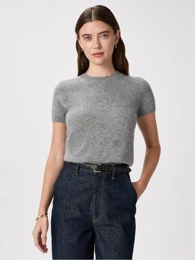 Quince Mongolian Cashmere Tee in Heather Grey - M
